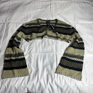 Women's Social Collision Green Black Stripe Tie Front Shrug M